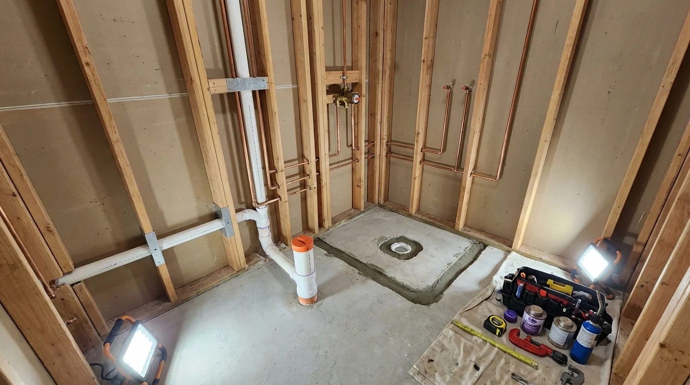 Bathroom rough-in plumbing during remodel by Johns Plumbing LLC in Yukon