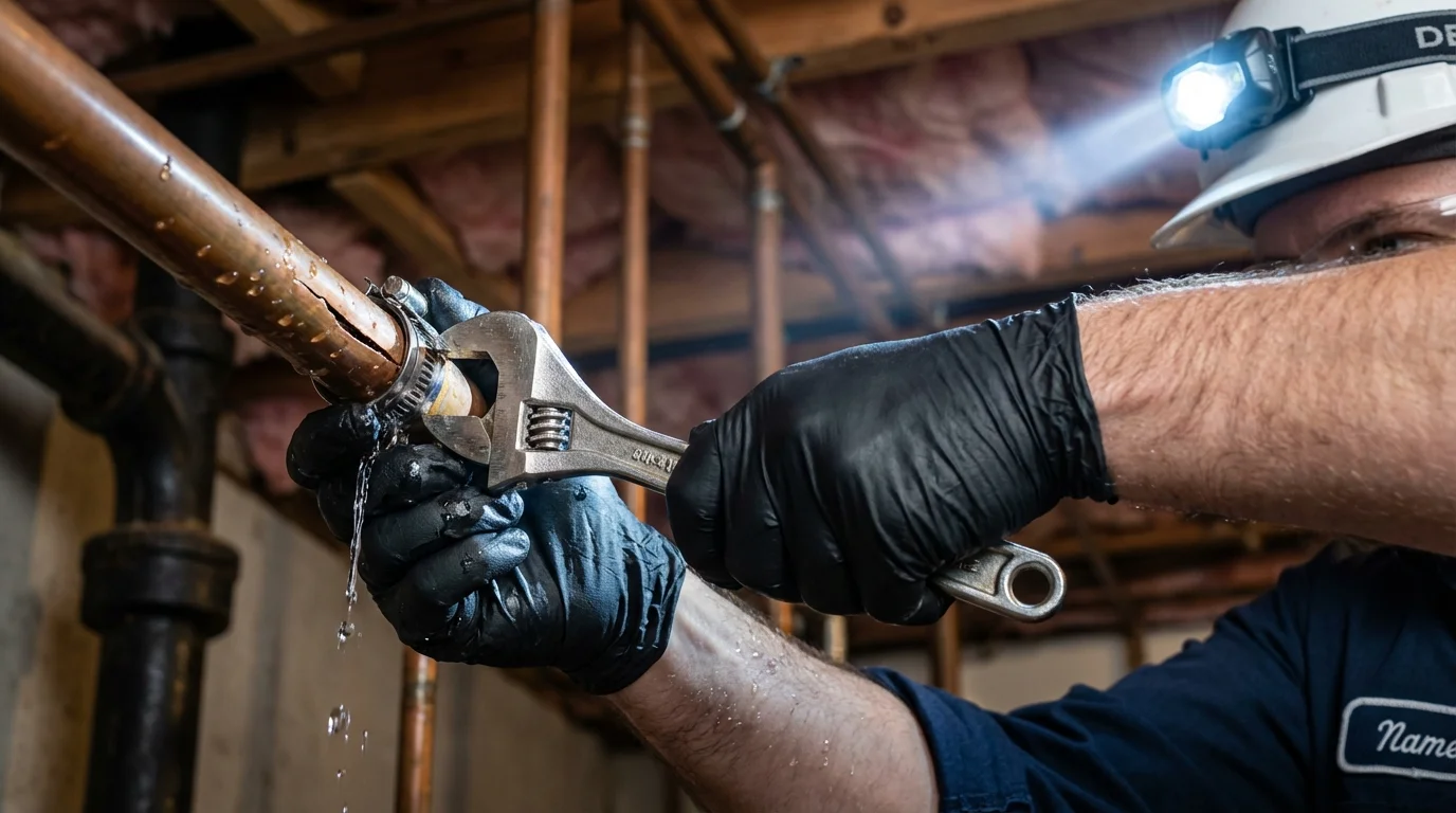 Emergency pipe clamp repair being performed by a Johns Plumbing LLC plumber in Yukon