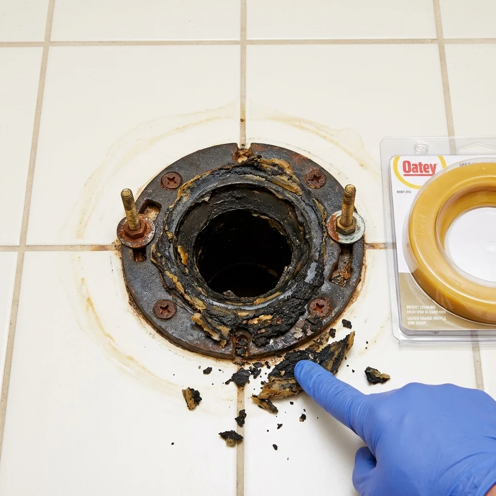 Failed wax ring showing water seepage at the base of a toilet in a Yukon, OK home